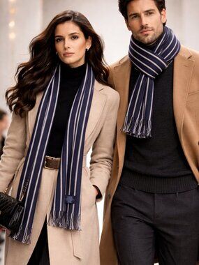 V FRAAS *Cashmink Scarf Black White Stripe Fringe Unisex NWOT